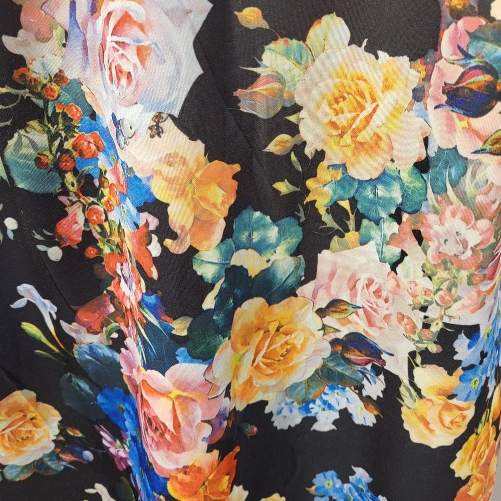 New York & Company Floral Sheath Dress Womens L Black Pink Yellow Stretch Knee